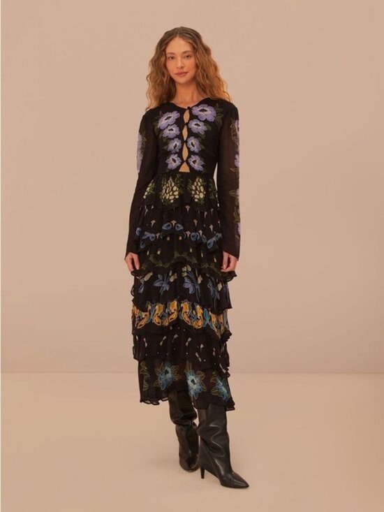 FARM Rio Dresses & Skirts - NWT Farm Rio Black Winter Garden Ruffle Maxi Dress LARGE Floral Embroidered NEW